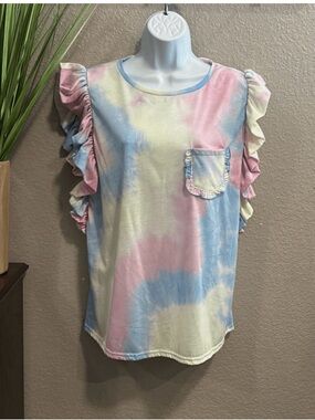 Ruffled Tie-Dye Short Sleeve Pocket Tee - Pastel Pink Blue Yellow